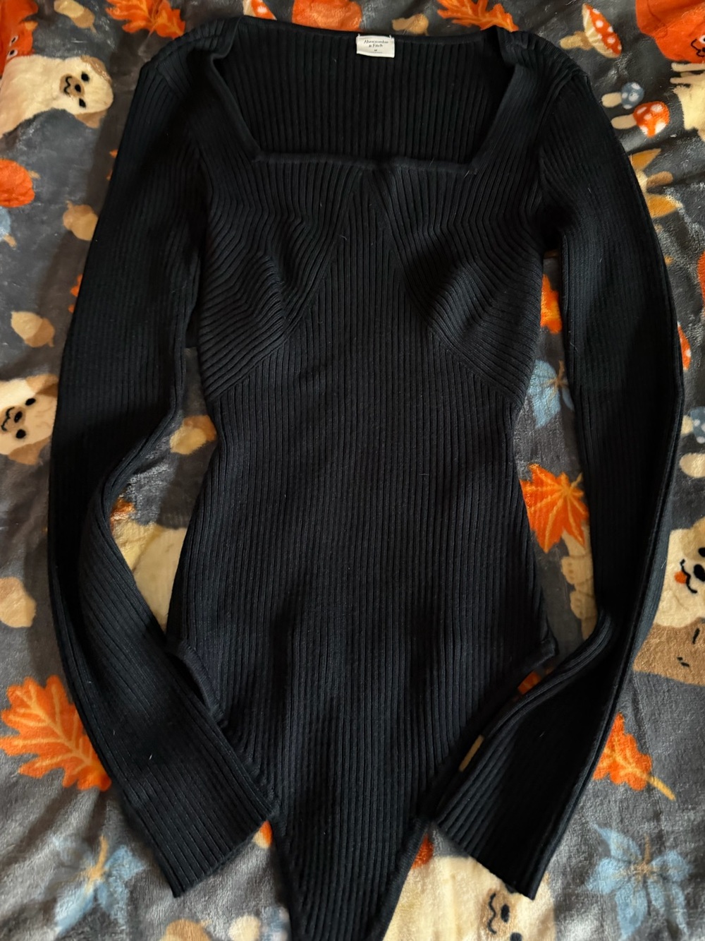 Abercrombie Ribbed Square-Neck Long Sleeve Bodysuit - Black
